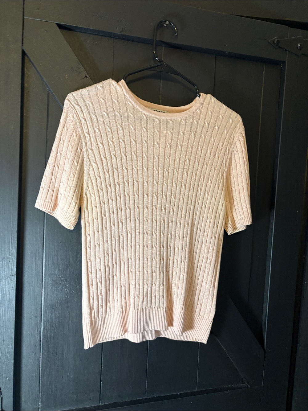 Kasper Short-Sleeve Cable Crewneck Sweater in Light Pink